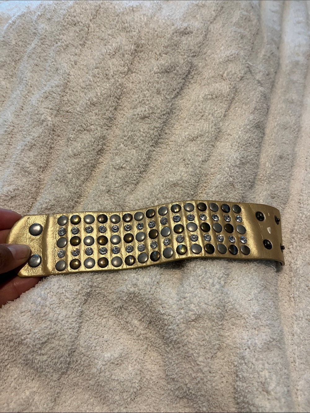 Gold-Tone Studded Wide Bracelet with Rhinestone Accent